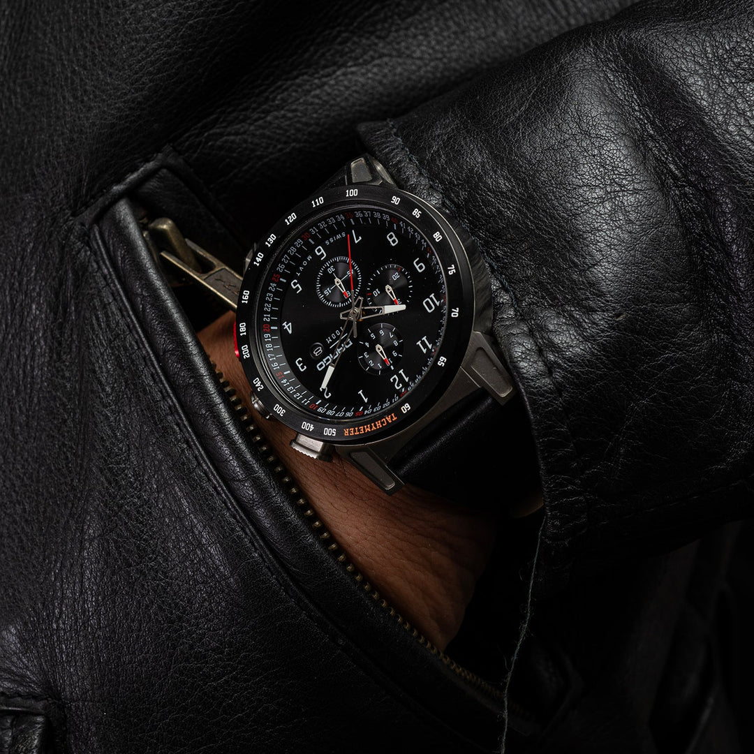 Dango: CR-01 - CHRONO WATCH WITH ITALIAN LEATHER STRAP - JET BLACK