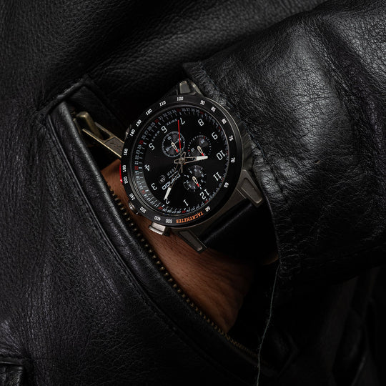Dango: CR-01 - CHRONO WATCH WITH ITALIAN LEATHER STRAP - JET BLACK