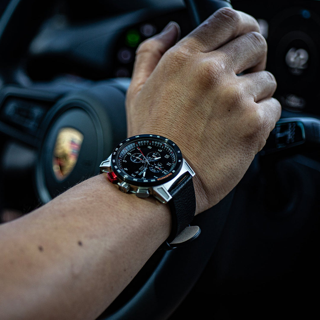 Dango: CR-01 - CHRONO WATCH WITH ITALIAN LEATHER STRAP - JET BLACK