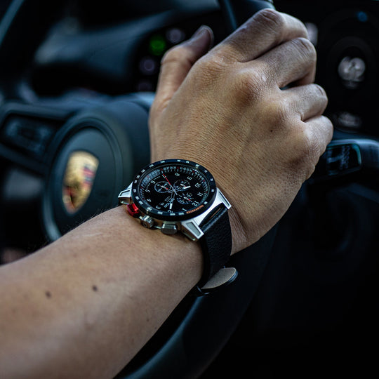 Dango: CR-01 - CHRONO WATCH WITH ITALIAN LEATHER STRAP - JET BLACK