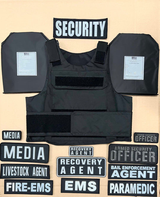 First Responder / Duty Vest:  Black Plate Carrier + Level IIIA Plates + Patch