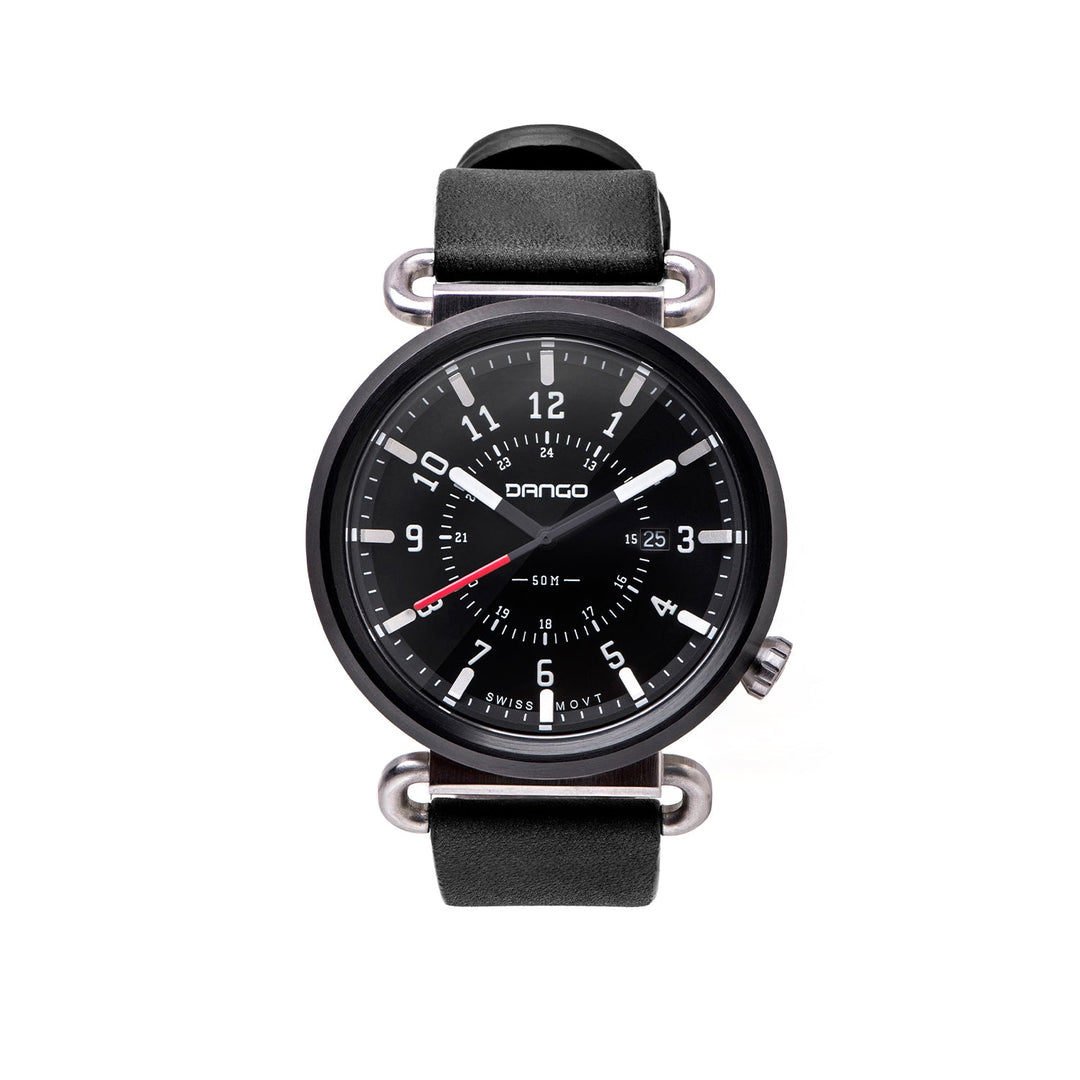 Dango: TK-01 - TREK WATCH WITH ITALIAN LEATHER STRAP - JET BLACK