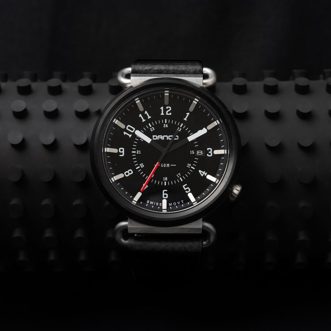 Dango: TK-01 - TREK WATCH WITH ITALIAN LEATHER STRAP - JET BLACK